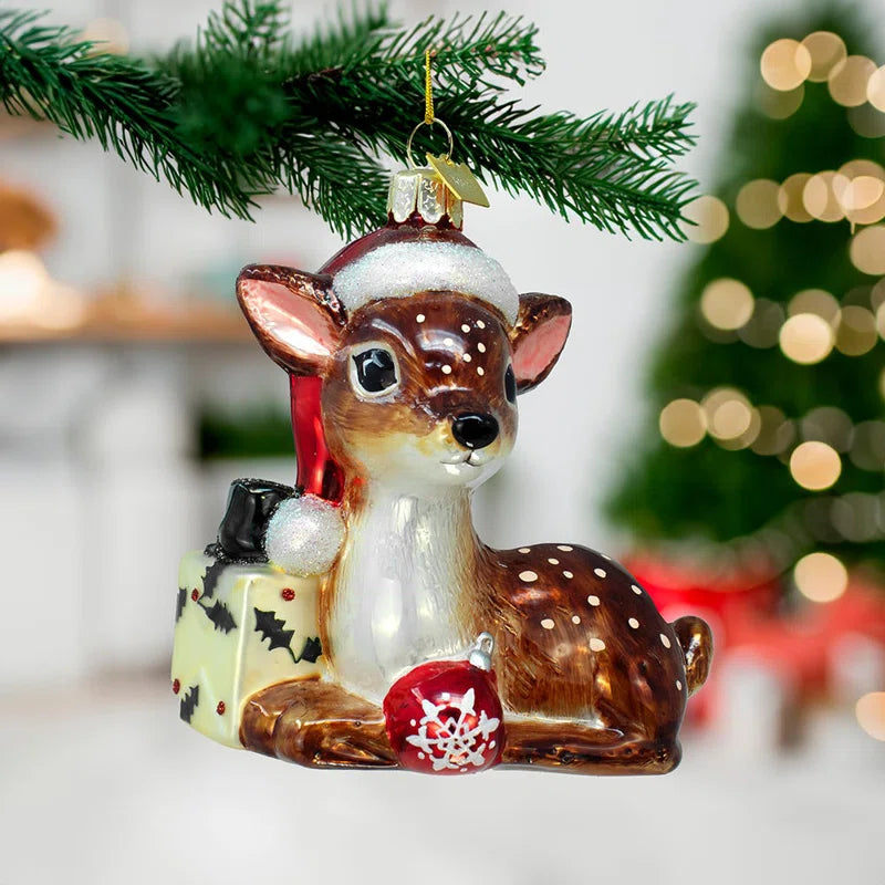Noble Gems Glass Christmas Ornament, Reindeer with Santa Hat & Present
