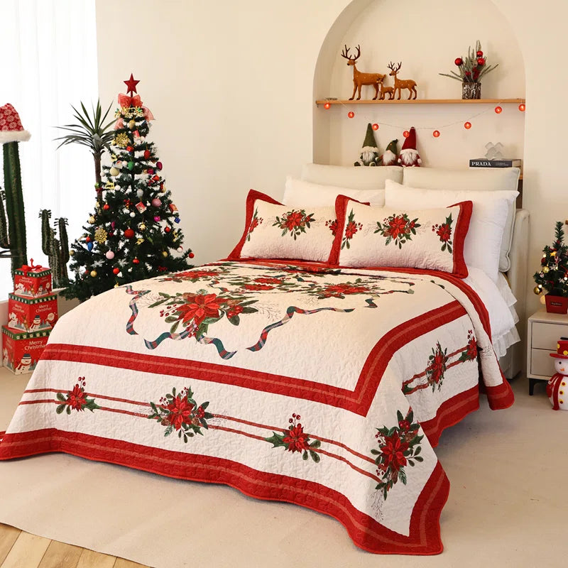 Janaid Beige/Red Microfiber Reversible Quilt Set Christmas Decoration Bedding Set
