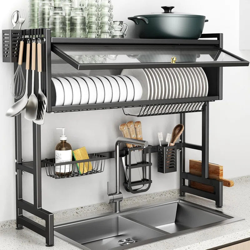 Over-The-Sink Dish Drying Rack with Cover – 2-Tier Space Saving Organizer for Dishes, Cutlery and Kitchen Utensils