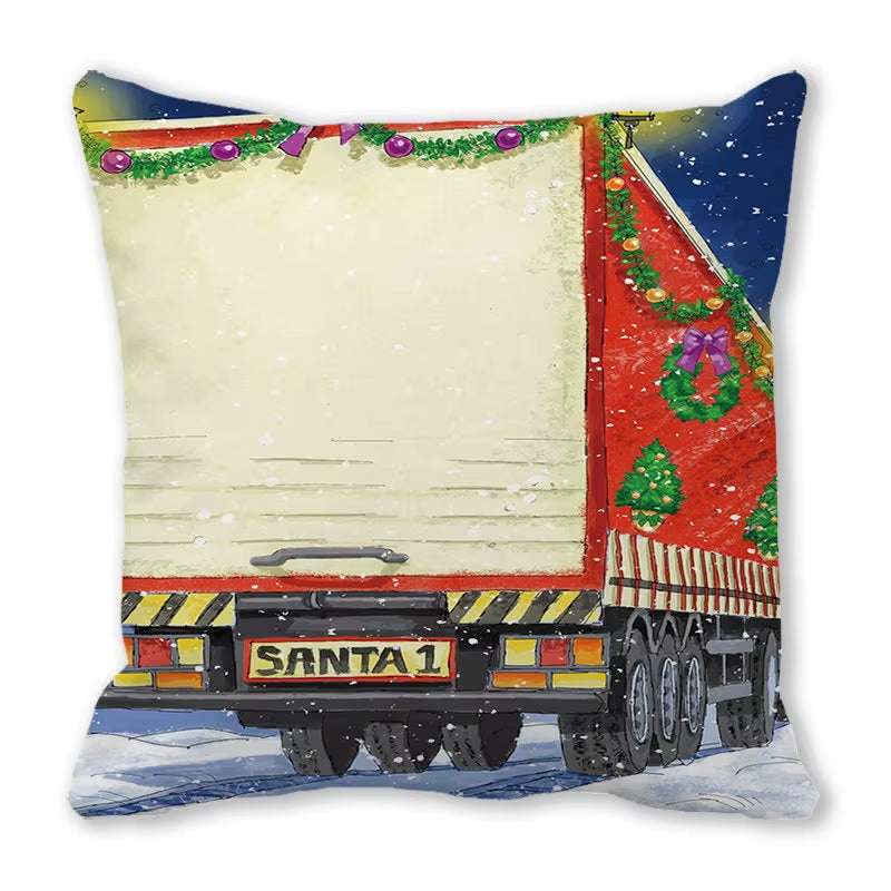 Red Christmas Car Delivering Gifts Digital Printing Short Plush Pillow Covers for Car Sofa Office Cushion Cover Home Goods