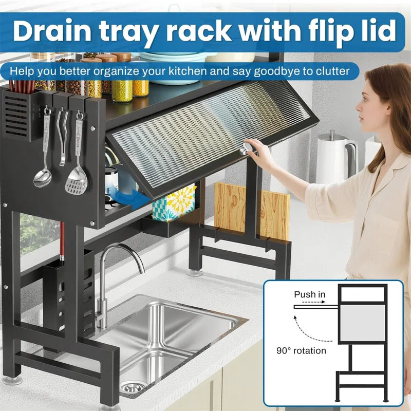 Over-The-Sink Dish Drying Rack with Cover – 2-Tier Space Saving Organizer for Dishes, Cutlery and Kitchen Utensils