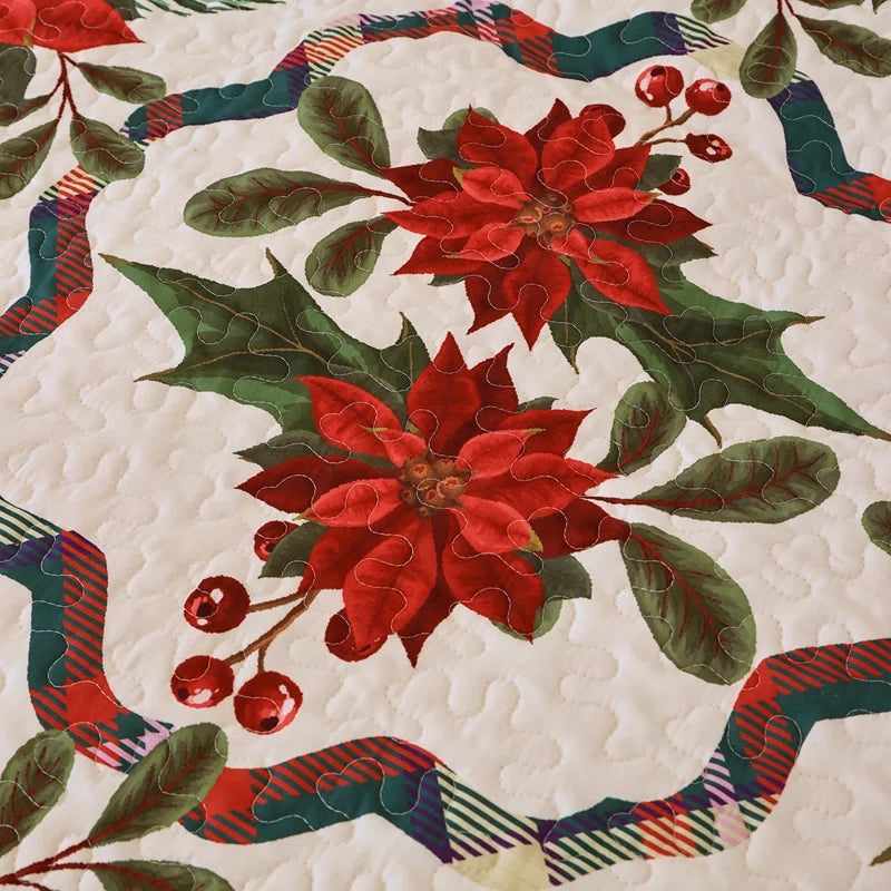 Janaid Beige/Red Microfiber Reversible Quilt Set Christmas Decoration Bedding Set