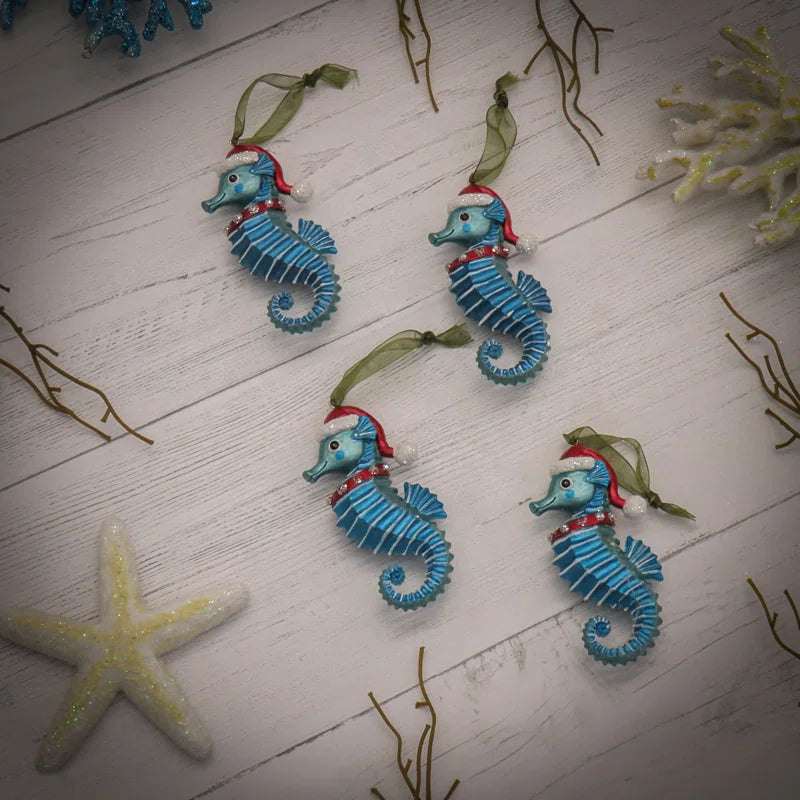 Set of 4 Teal Seahorse Hanging Figurine Ornament