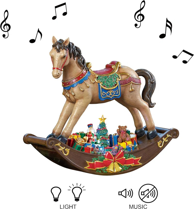 19.5"H Rocking Horse W/ Santa & Presents - LED Lights, 8 Carols Music, Adapter - Hand-Painted Resin