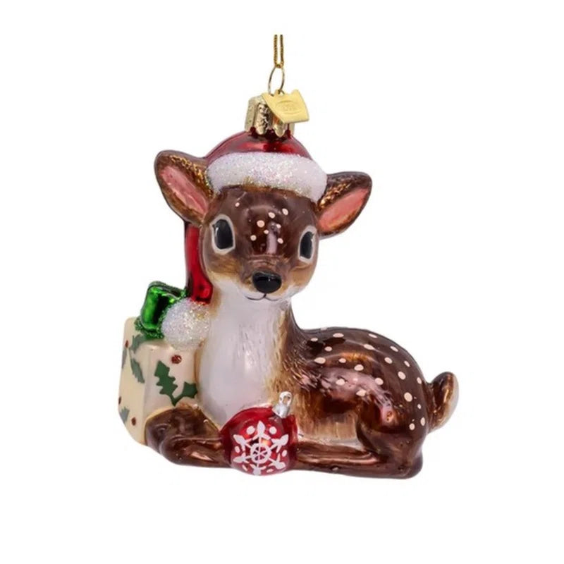 Noble Gems Glass Christmas Ornament, Reindeer with Santa Hat & Present