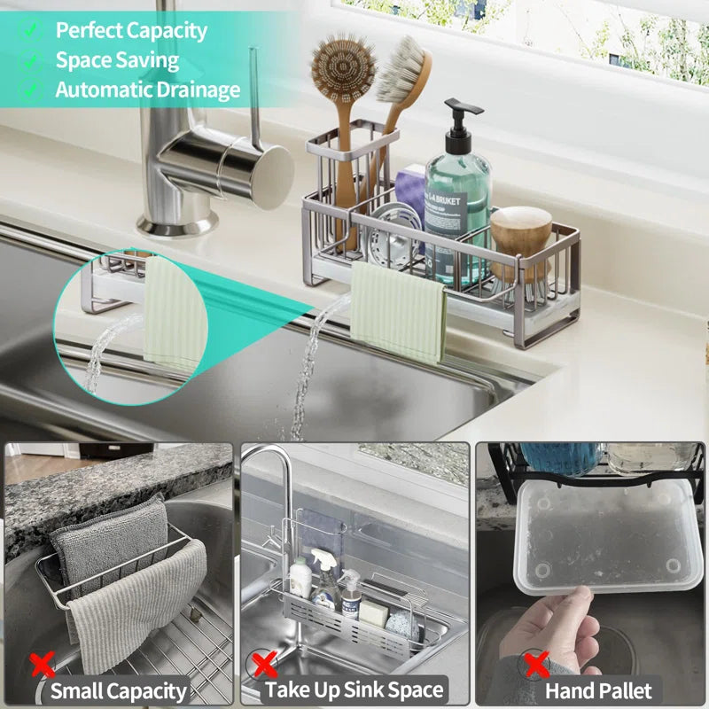 Stainless Steel Sink Caddy with 360° Rotating Drainage, Removable Brush & Dishcloth Holders, Rust-Resistant Kitchen Organizer for Sponges and Brushes