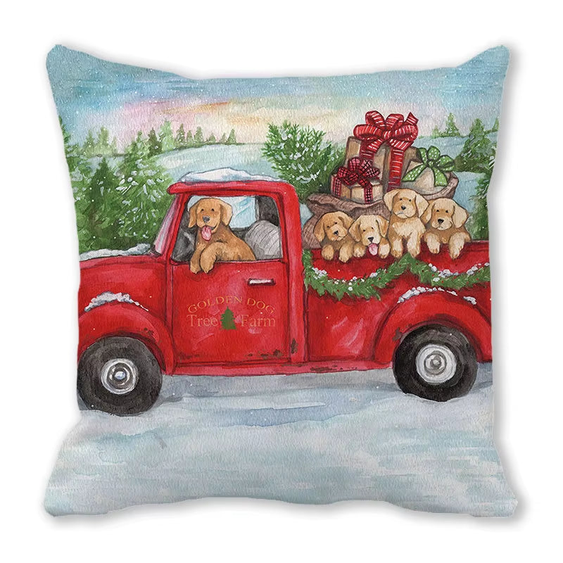 Red Christmas Car Delivering Gifts Digital Printing Short Plush Pillow Covers for Car Sofa Office Cushion Cover Home Goods