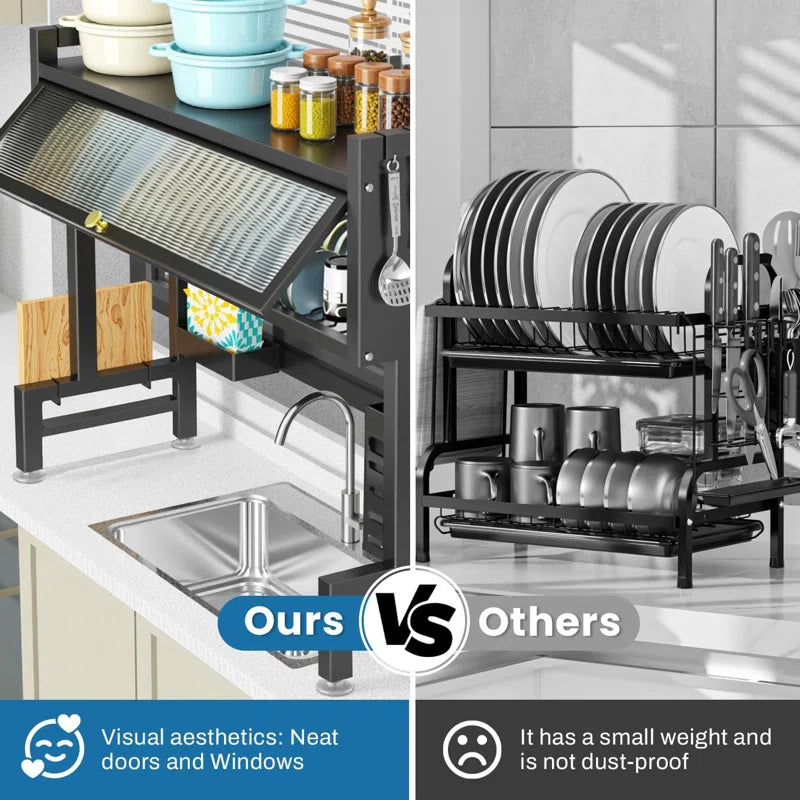 Over-The-Sink Dish Drying Rack with Cover – 2-Tier Space Saving Organizer for Dishes, Cutlery and Kitchen Utensils