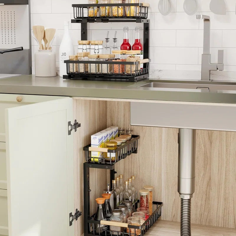 Under Sink Organizer, 2 Tier under Sink Organizers and Storage Sliding 2 Tier Rack Metal Organization under Counter Kitchen Bathroom