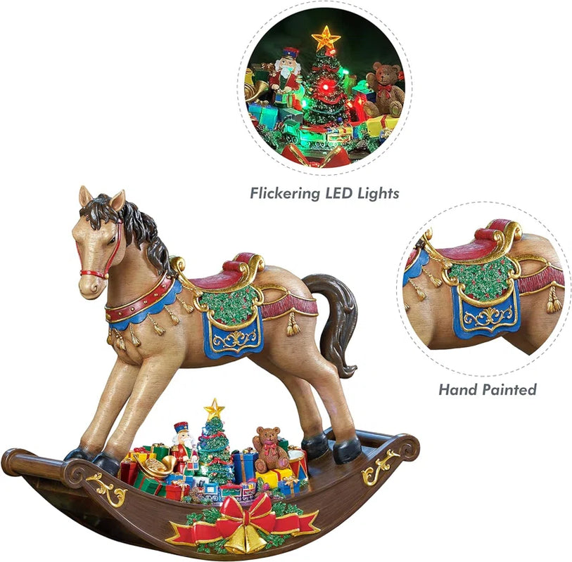 19.5"H Rocking Horse W/ Santa & Presents - LED Lights, 8 Carols Music, Adapter - Hand-Painted Resin