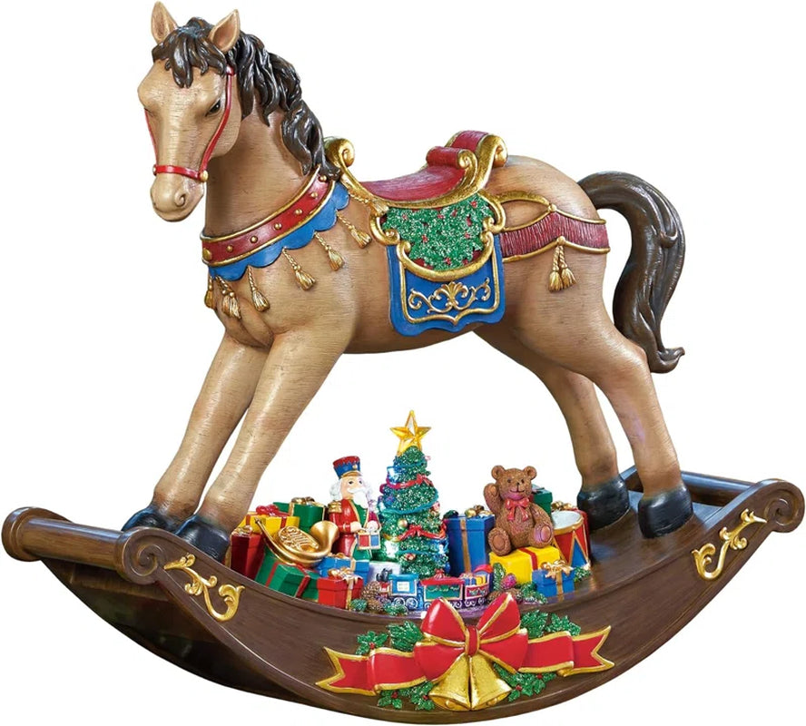19.5"H Rocking Horse W/ Santa & Presents - LED Lights, 8 Carols Music, Adapter - Hand-Painted Resin