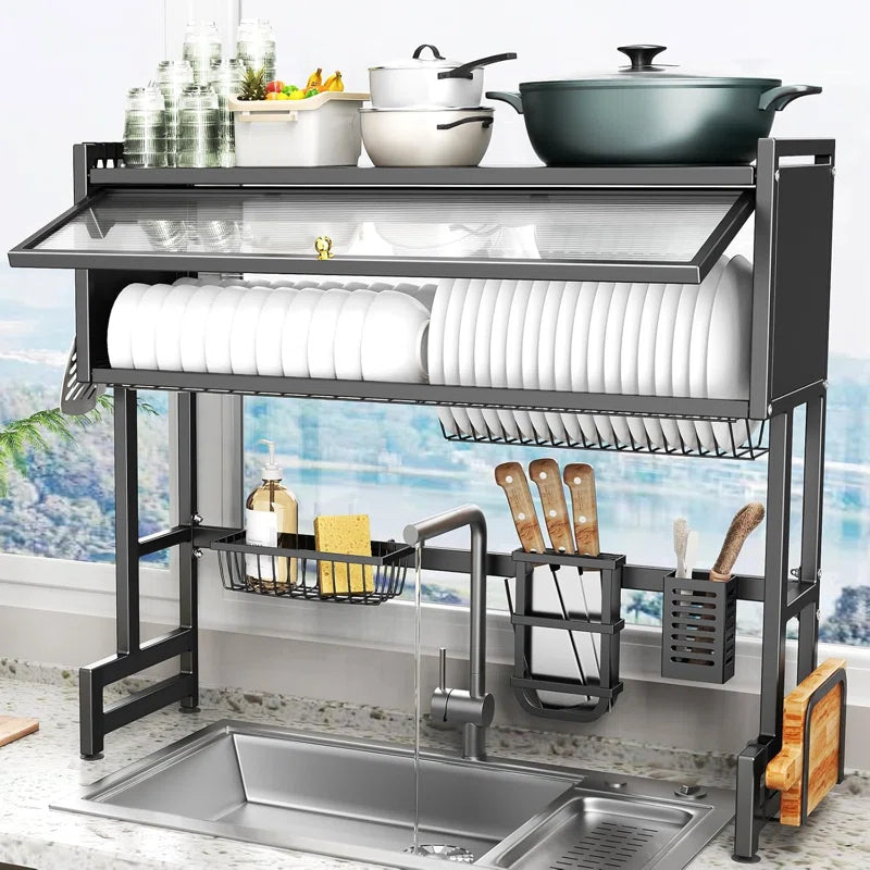 Over-The-Sink Dish Drying Rack with Cover – 2-Tier Space Saving Organizer for Dishes, Cutlery and Kitchen Utensils