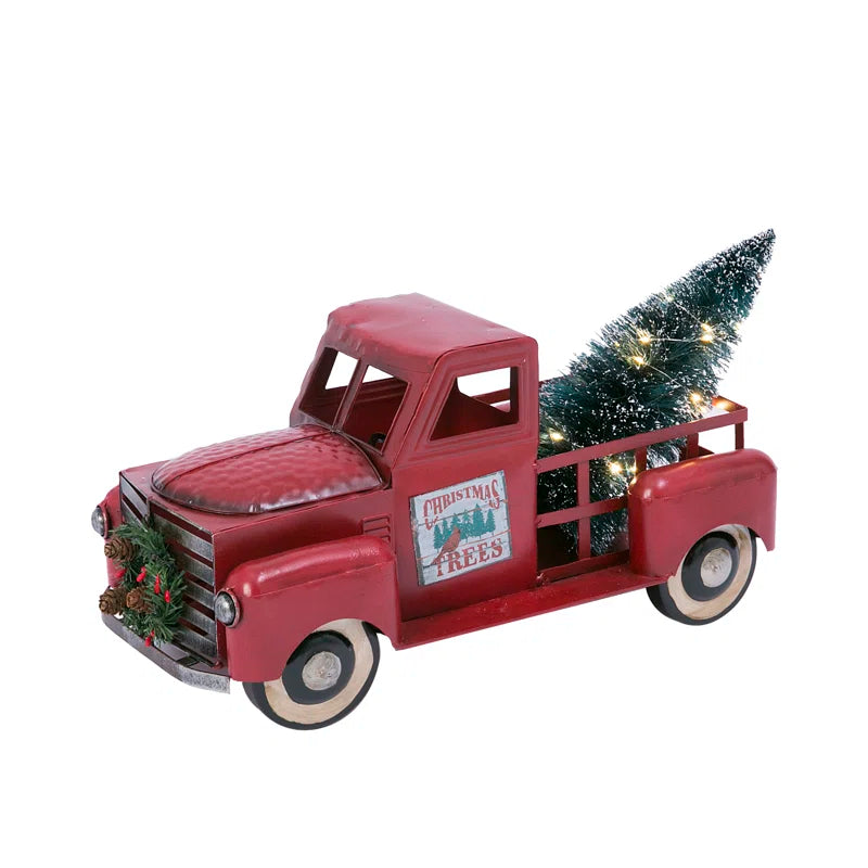 Vintage Red Metal Truck with Illuminated Christmas Tree Décor