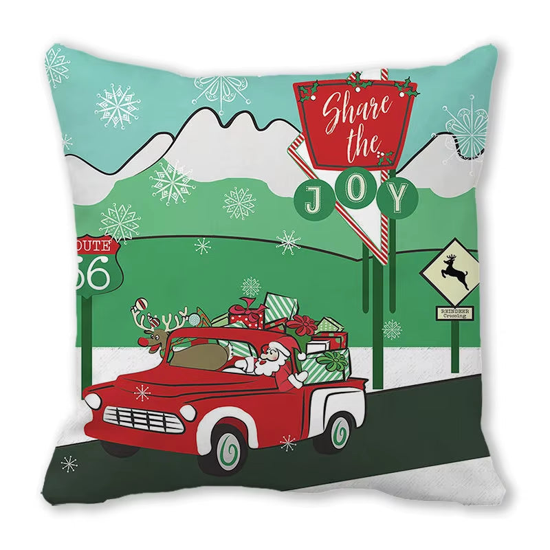 Red Christmas Car Delivering Gifts Digital Printing Short Plush Pillow Covers for Car Sofa Office Cushion Cover Home Goods