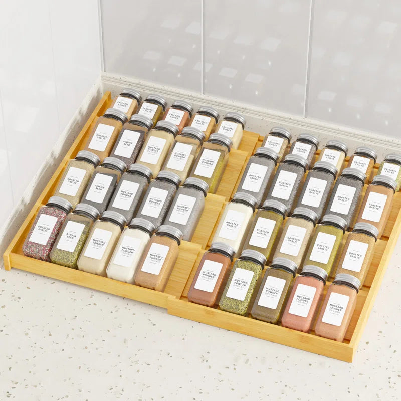 Bamboo Spice Drawer Organizer, Expandable 4-Tier Rack for Cabinet or Kitchen Seasoning Storage (Fits 3" Deep Drawers, 12"–23" Wide, Jars Not Included)
