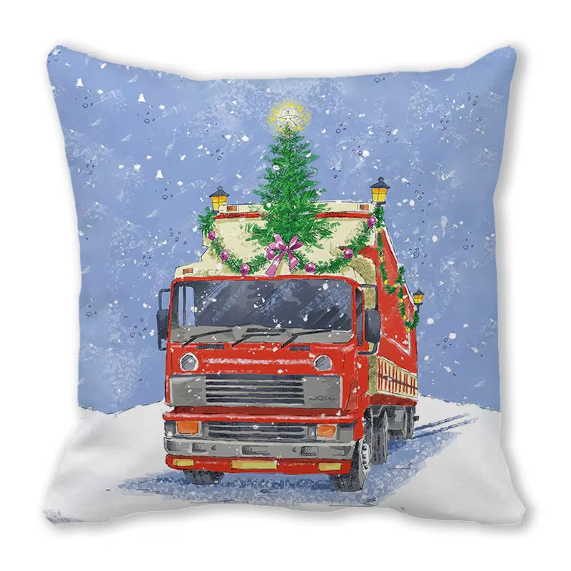 Red Christmas Car Delivering Gifts Digital Printing Short Plush Pillow Covers for Car Sofa Office Cushion Cover Home Goods