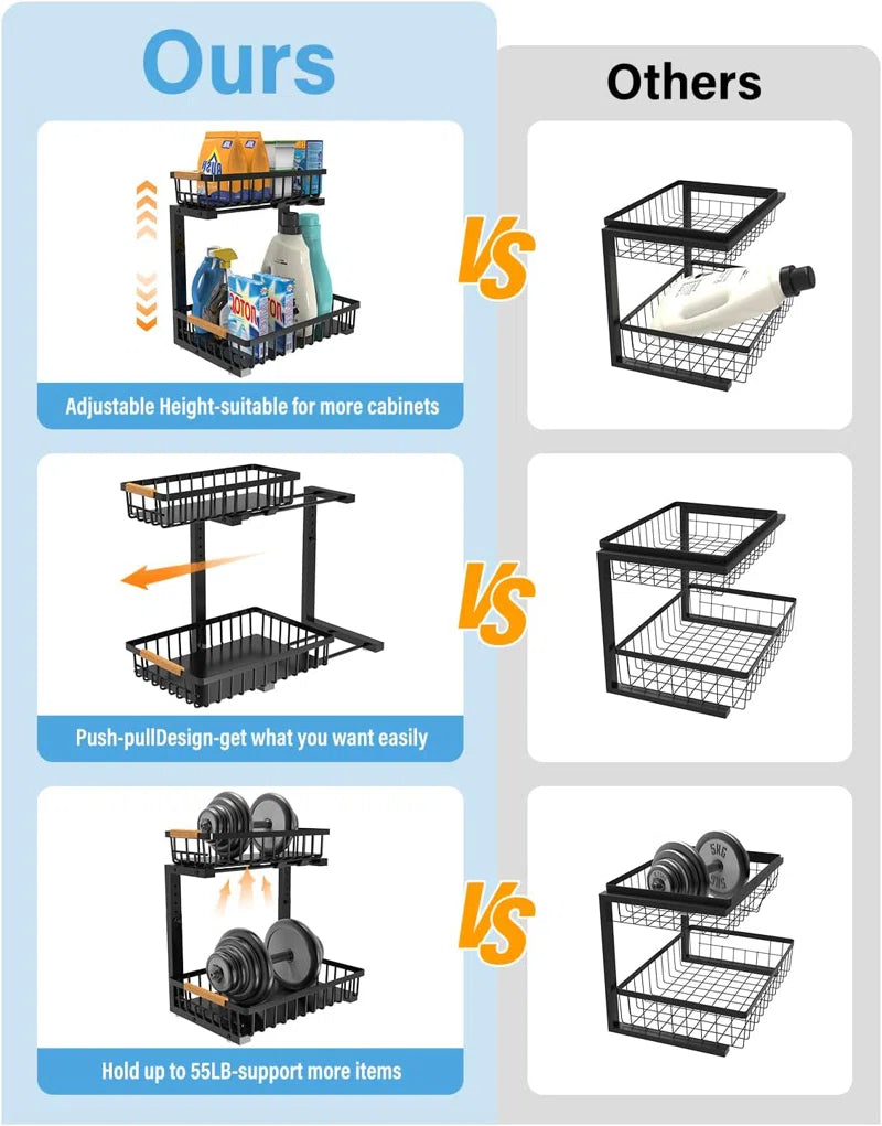 Under Sink Organizer, 2 Tier under Sink Organizers and Storage Sliding 2 Tier Rack Metal Organization under Counter Kitchen Bathroom