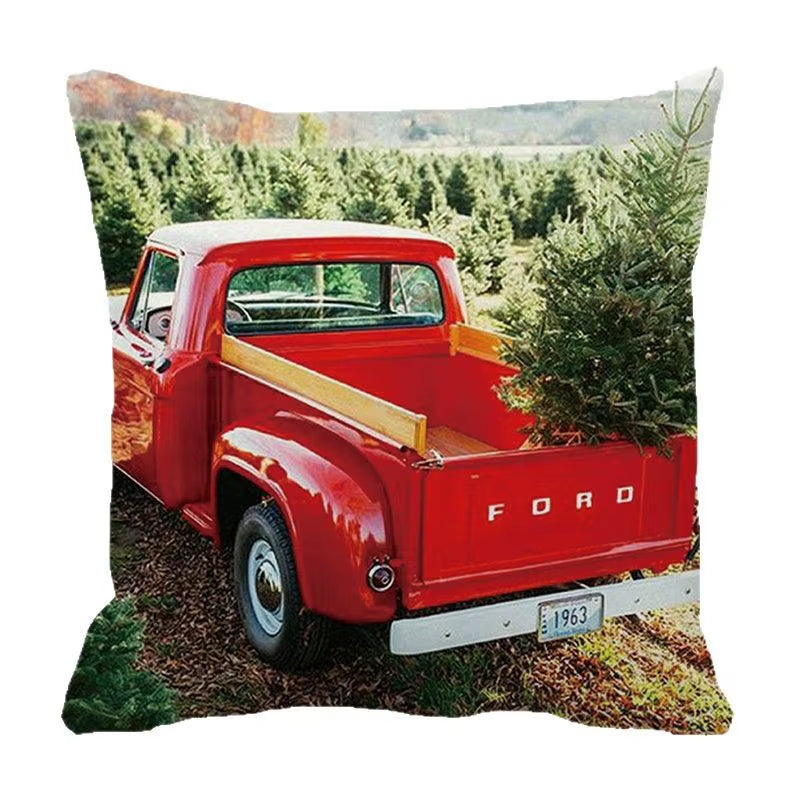 Red Christmas Car Delivering Gifts Digital Printing Short Plush Pillow Covers for Car Sofa Office Cushion Cover Home Goods