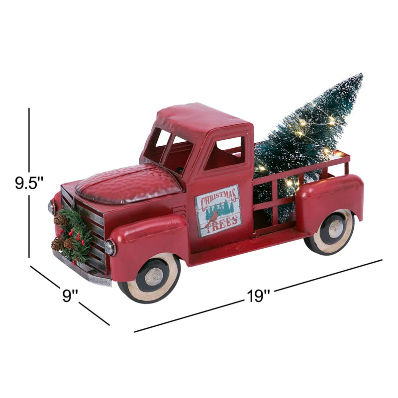 Vintage Red Metal Truck with Illuminated Christmas Tree Décor