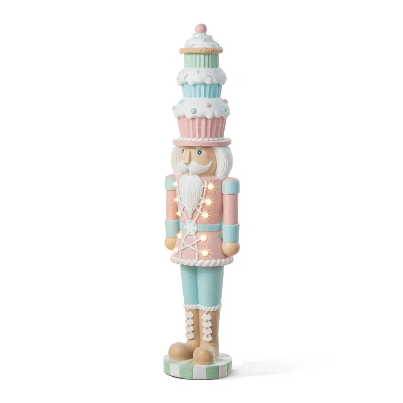 28"H Lighted Macaron Pink and Blue Resin Christmas Cupcake Nutcracker Porch Decor W/Timer
