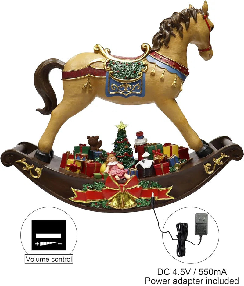 19.5"H Rocking Horse W/ Santa & Presents - LED Lights, 8 Carols Music, Adapter - Hand-Painted Resin