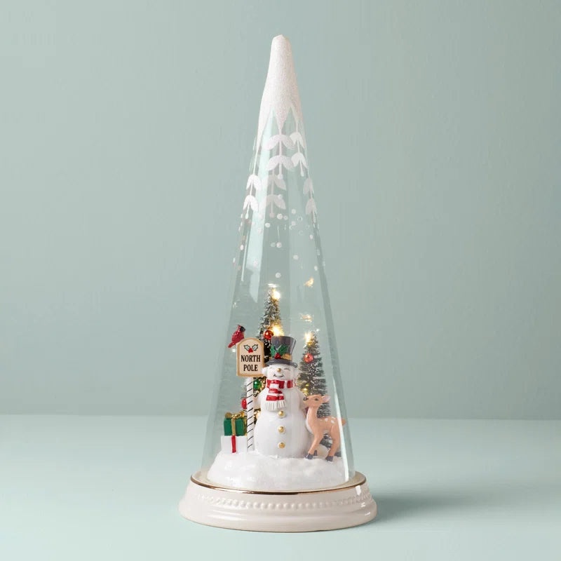 MERRY and MAGICAL Lit Christmas Cone with North Pole Snowman Scene