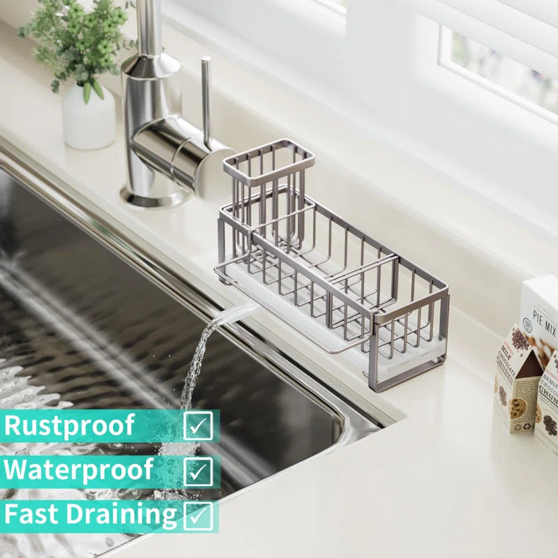 Stainless Steel Sink Caddy with 360° Rotating Drainage, Removable Brush & Dishcloth Holders, Rust-Resistant Kitchen Organizer for Sponges and Brushes