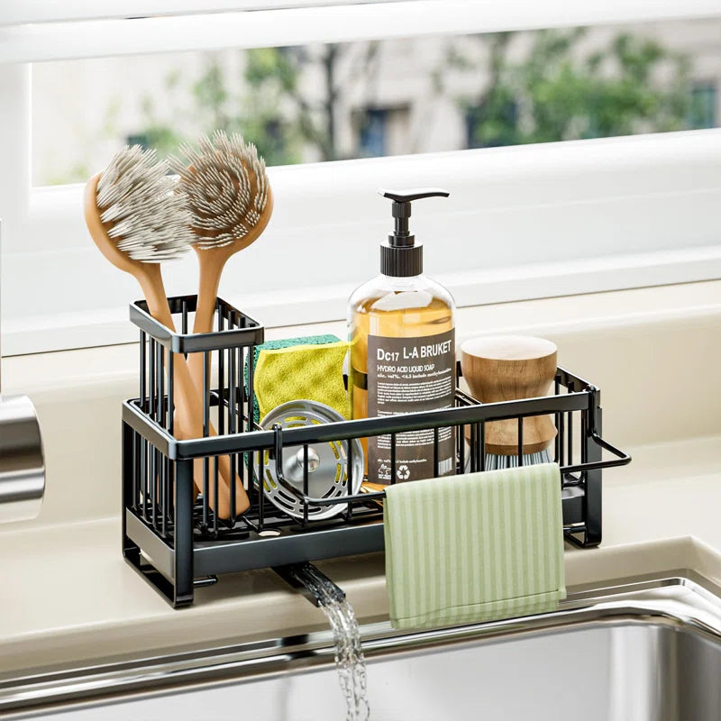 Stainless Steel Sink Caddy with 360° Rotating Drainage, Removable Brush & Dishcloth Holders, Rust-Resistant Kitchen Organizer for Sponges and Brushes