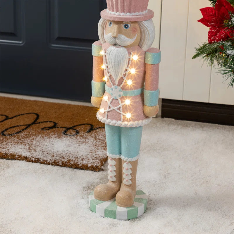 28"H Lighted Macaron Pink and Blue Resin Christmas Cupcake Nutcracker Porch Decor W/Timer