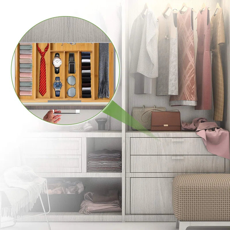 Luzius Bamboo Adjustable Expandable 8 Slot Flatware Drawer Organizer Silverware Organizer for Kitchen Utensils