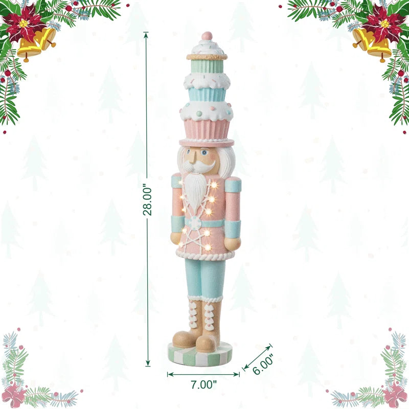 28"H Lighted Macaron Pink and Blue Resin Christmas Cupcake Nutcracker Porch Decor W/Timer