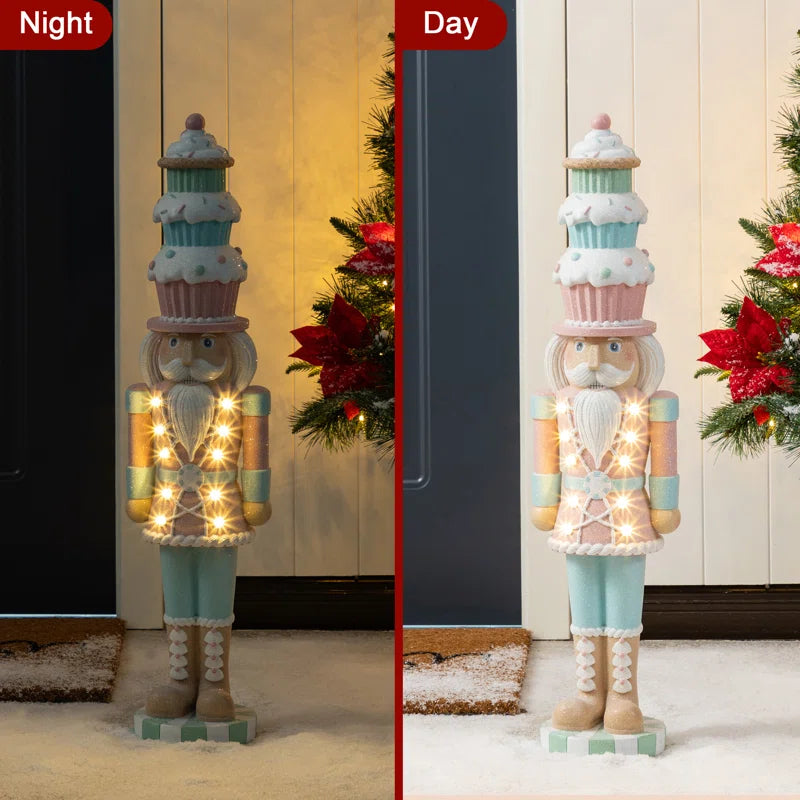 28"H Lighted Macaron Pink and Blue Resin Christmas Cupcake Nutcracker Porch Decor W/Timer