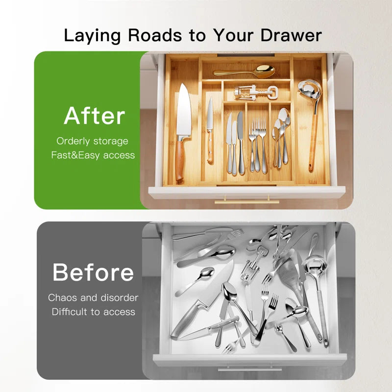 Luzius Bamboo Adjustable Expandable 8 Slot Flatware Drawer Organizer Silverware Organizer for Kitchen Utensils