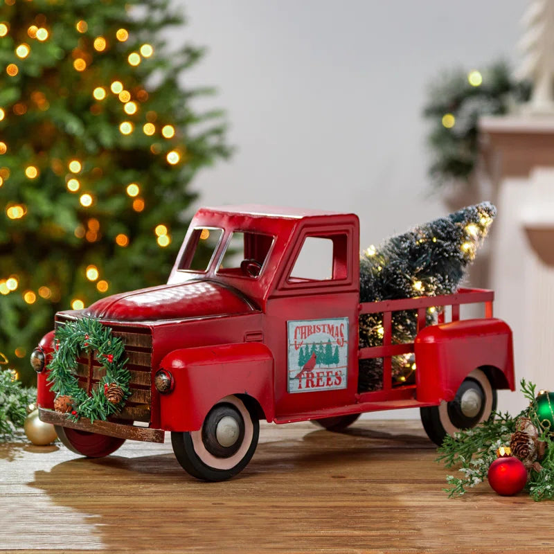 Vintage Red Metal Truck with Illuminated Christmas Tree Décor