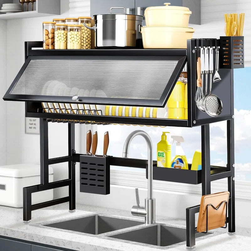 Over-The-Sink Dish Drying Rack with Cover – 2-Tier Space Saving Organizer for Dishes, Cutlery and Kitchen Utensils