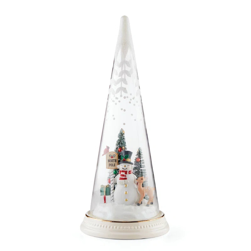 MERRY and MAGICAL Lit Christmas Cone with North Pole Snowman Scene