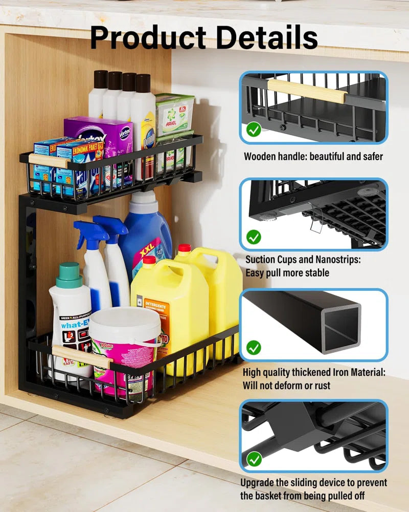 Under Sink Organizer, 2 Tier under Sink Organizers and Storage Sliding 2 Tier Rack Metal Organization under Counter Kitchen Bathroom