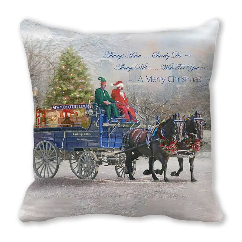 Red Christmas Car Delivering Gifts Digital Printing Short Plush Pillow Covers for Car Sofa Office Cushion Cover Home Goods