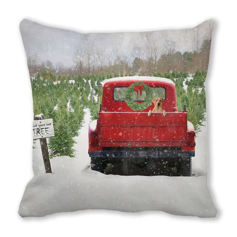 Red Christmas Car Delivering Gifts Digital Printing Short Plush Pillow Covers for Car Sofa Office Cushion Cover Home Goods