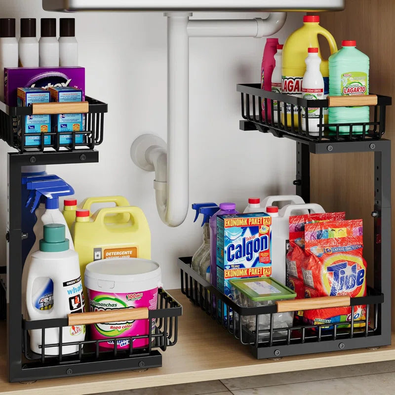 Under Sink Organizer, 2 Tier under Sink Organizers and Storage Sliding 2 Tier Rack Metal Organization under Counter Kitchen Bathroom