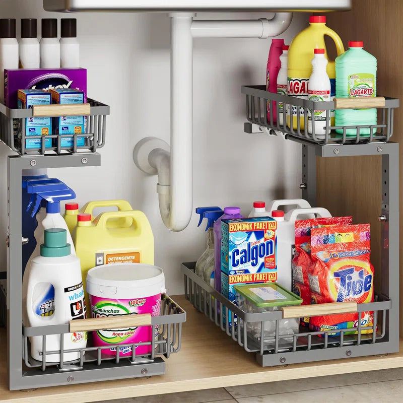 Under Sink Organizer, 2 Tier under Sink Organizers and Storage Sliding 2 Tier Rack Metal Organization under Counter Kitchen Bathroom