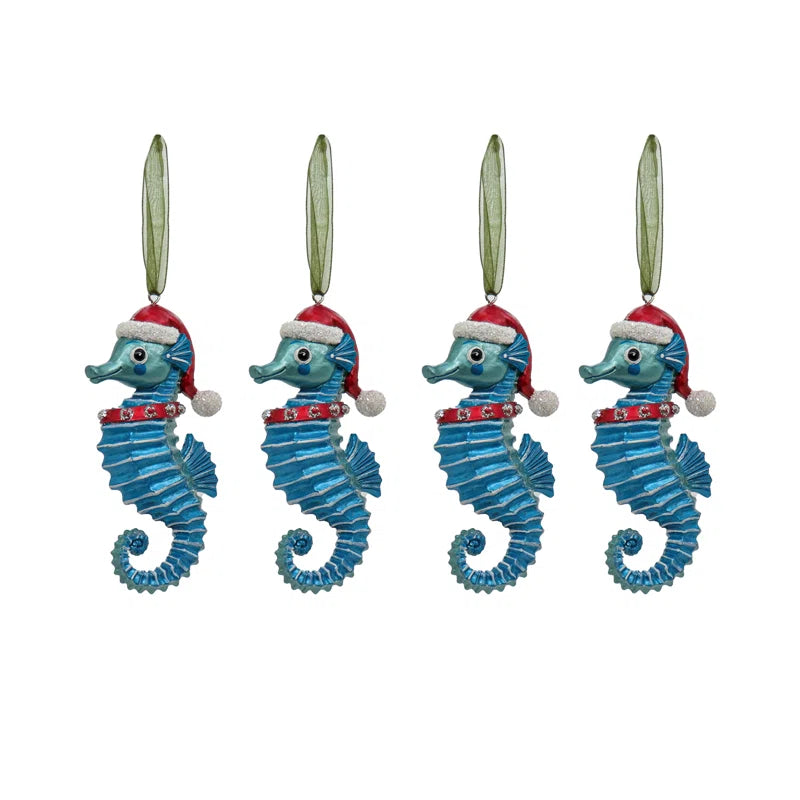 Set of 4 Teal Seahorse Hanging Figurine Ornament