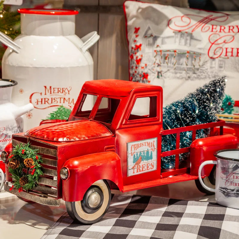 Vintage Red Metal Truck with Illuminated Christmas Tree Décor