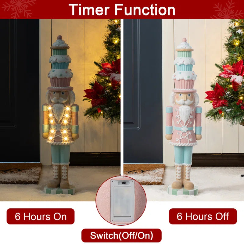 28"H Lighted Macaron Pink and Blue Resin Christmas Cupcake Nutcracker Porch Decor W/Timer