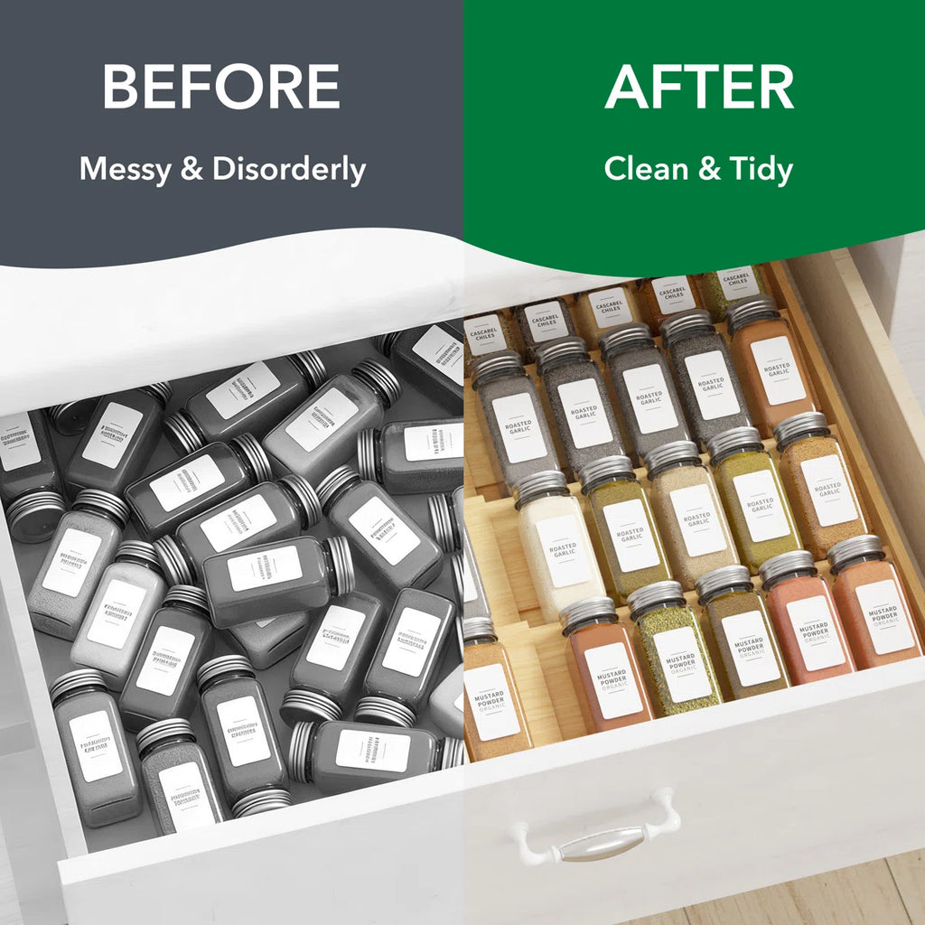 Expandable Bamboo Spice Drawer Organizer — Clean, Calm Kitchen Storage