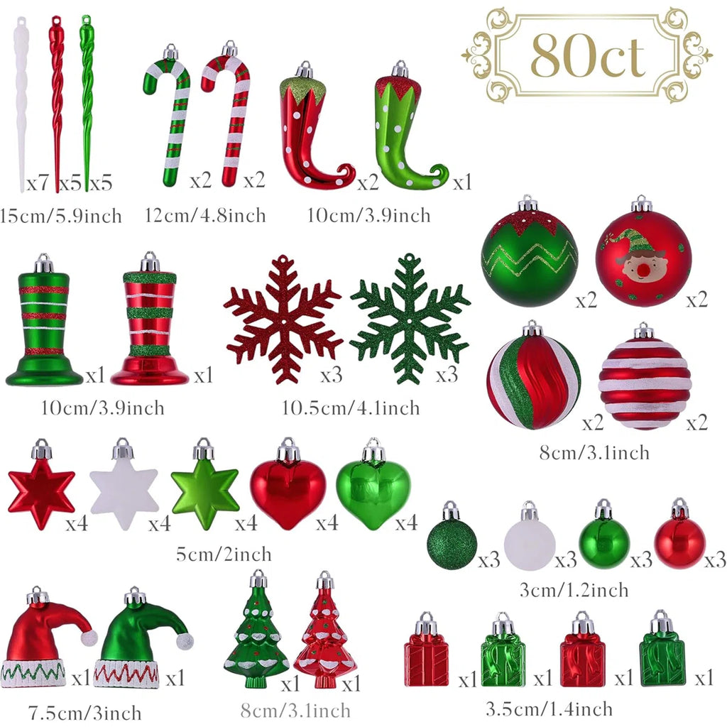80-Count Red & Green Elf Christmas Ornament Set (Shatterproof)