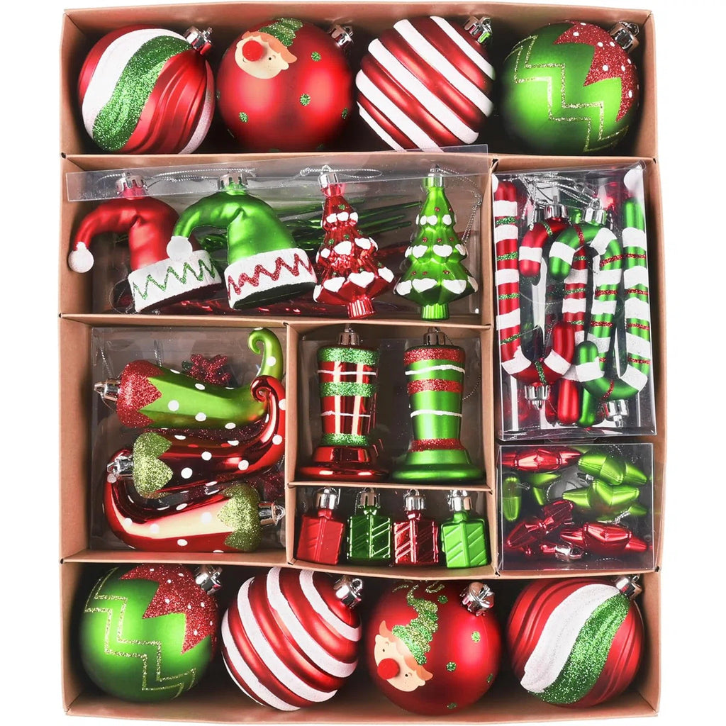 80-Count Red & Green Elf Christmas Ornament Set (Shatterproof)