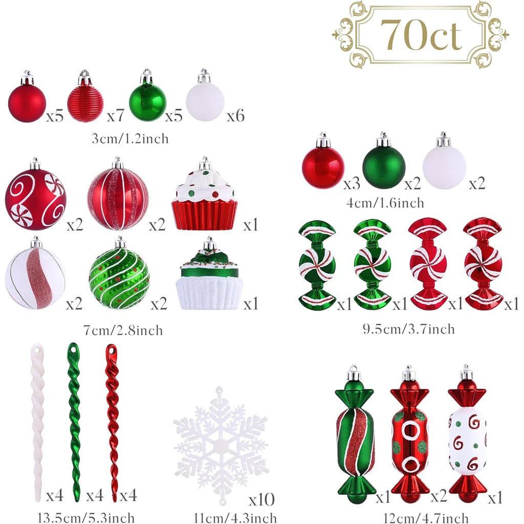 70-Count Candy Cane Red & Green Shatterproof Ornament Set