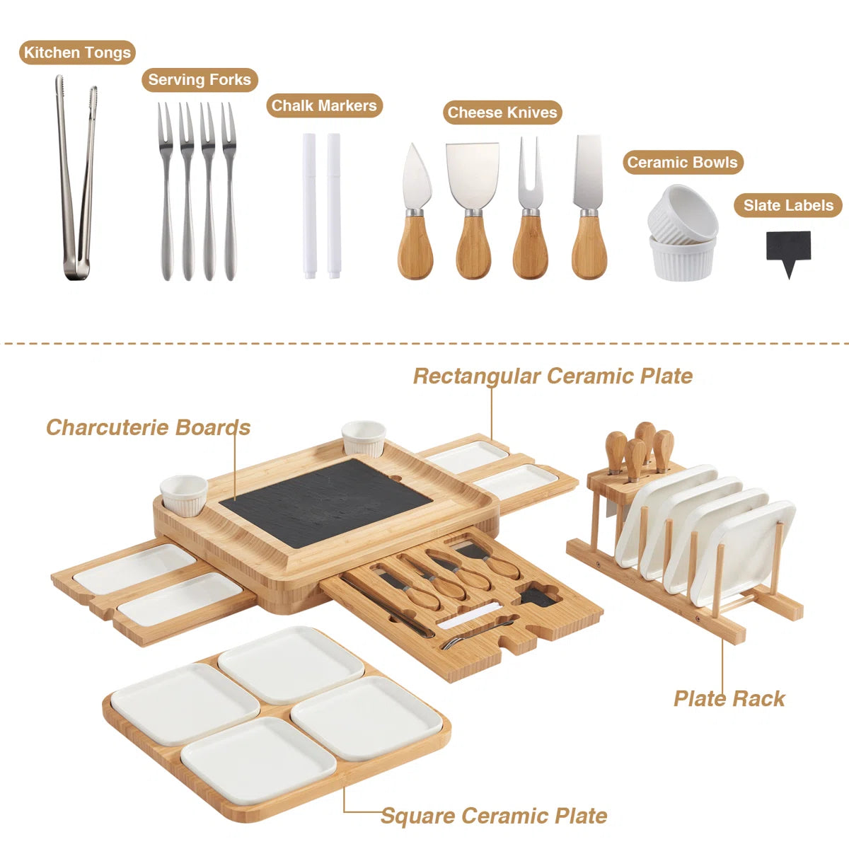 Premium Bamboo Charcuterie Board Set (29-Piece Entertaining Collection) + FREE Rotary Cheese Grater