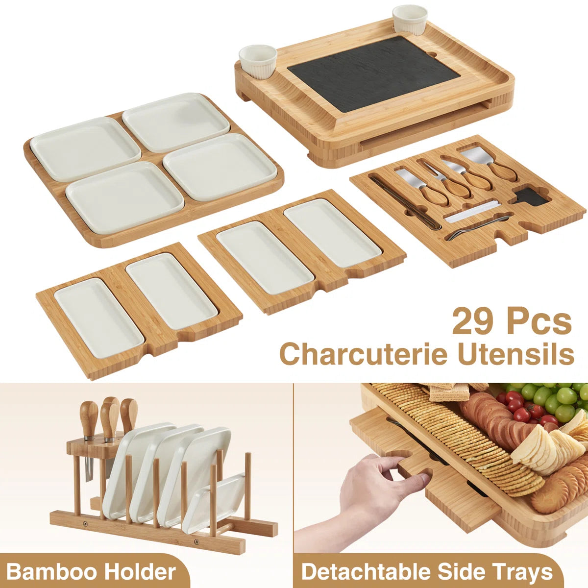 Premium Bamboo Charcuterie Board Set (29-Piece Entertaining Collection) + FREE Rotary Cheese Grater